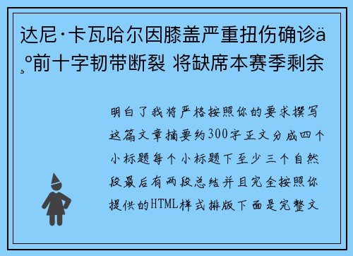 达尼·卡瓦哈尔因膝盖严重扭伤确诊为前十字韧带断裂 将缺席本赛季剩余所有比赛